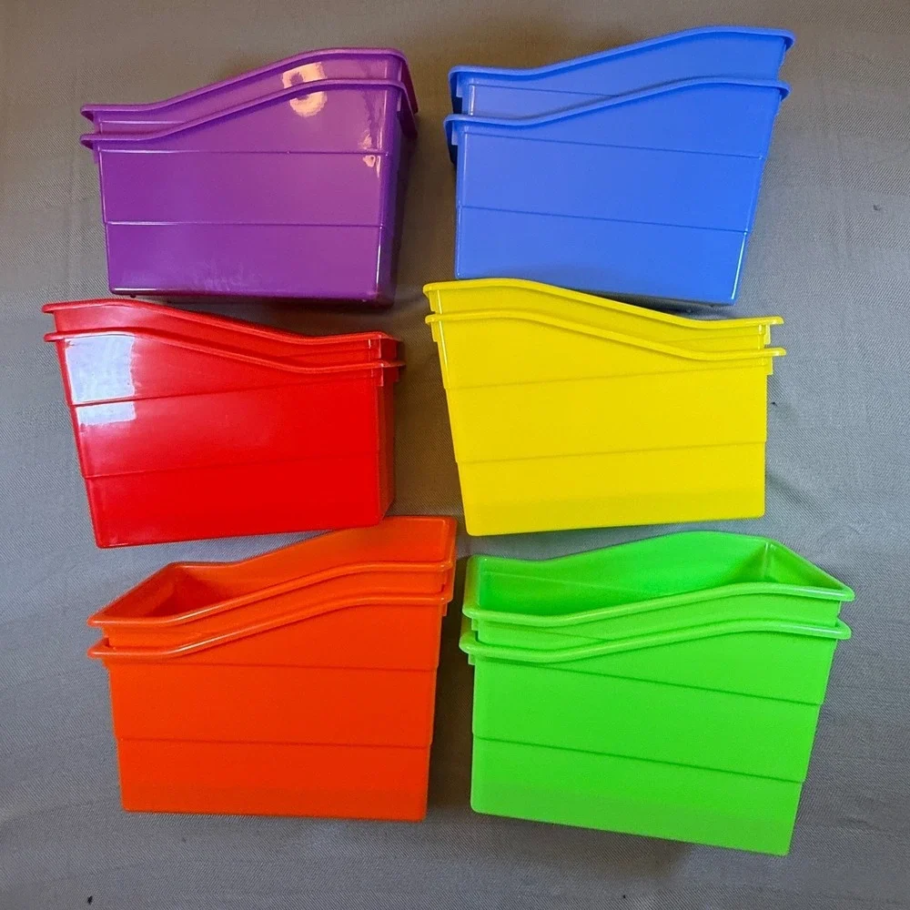 12 Pack Plastic Book Bins Rainbow Colors Classroom Storage Organizer Containers
